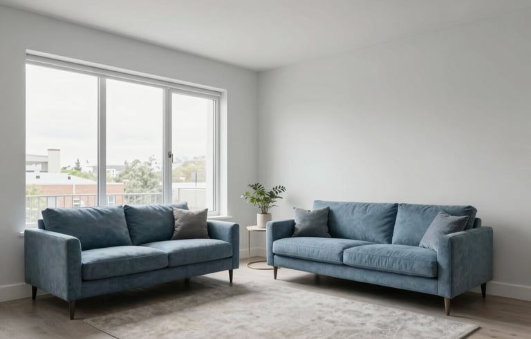 Professional architectural photography of a bright, minimalist apartment living room in a North American / US property. Large windows casting soft natural light on light gray walls and muted blue furniture. Clean lines, sophisticated and welcoming atmosphere.