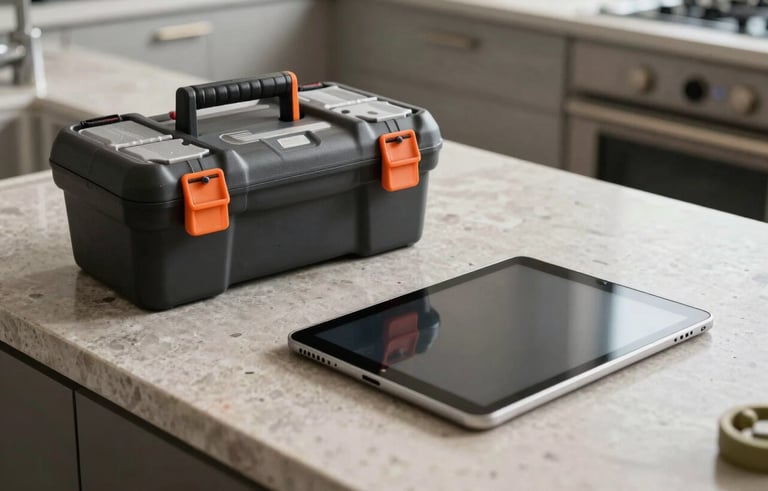 Clean, professional photography of a modern maintenance toolkit and a digital tablet on a stone countertop. North American / US apartment setting. Soft, natural lighting, emphasizing efficiency and professional service.