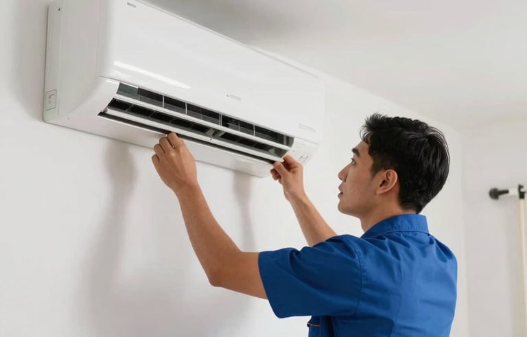 Professional technician in a neat uniform installing a modern split air conditioning unit on a clean white wall in a bright South American residential living room, daylight, high quality photography.