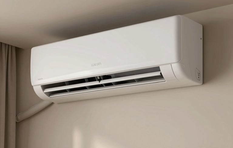 A sleek, modern white air conditioning unit mounted high on a stylish wall in a contemporary Brazilian apartment, soft cinematic lighting, showcasing modern technology.