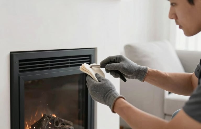 A close-up of a professional technician cleaning a modern black metal fireplace flue inside a bright, minimalist North American living room with white walls and light gray furniture. The lighting is soft and natural, emphasizing cleanliness and professional service.