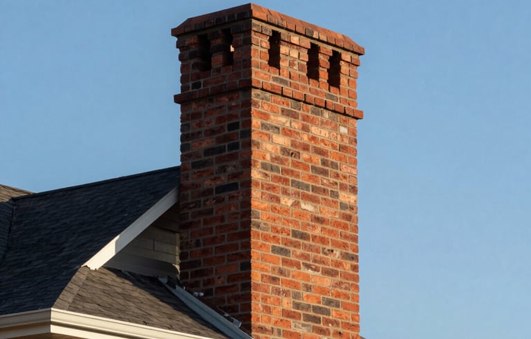 A view of a newly constructed red brick chimney on the roof of a high-end suburban North American home. The brickwork is clean and professional, silhouetted against a clear blue sky. Wide-angle architectural photography style.