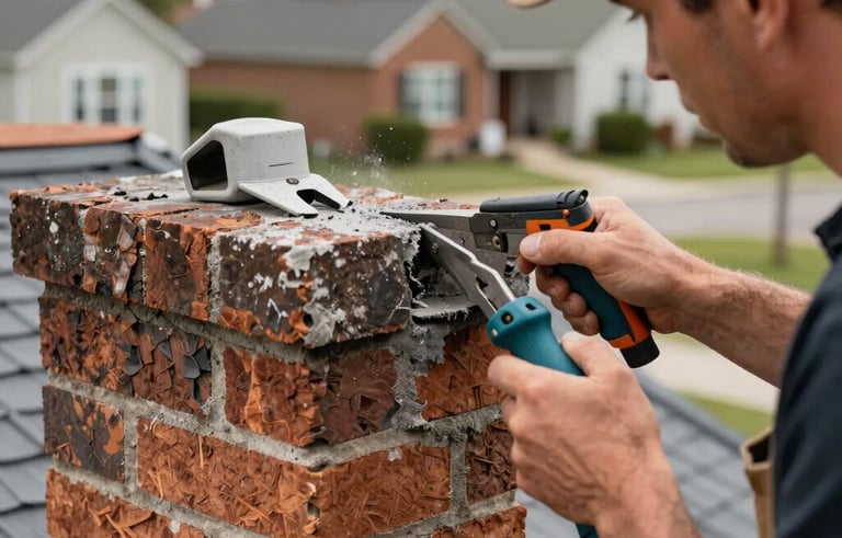 A close-up shot of a skilled mason tuckpointing a weathered brick chimney exterior. The craftsman is using professional tools on a residential roof in a North American neighborhood. Focused, detailed photography showing texture and quality.