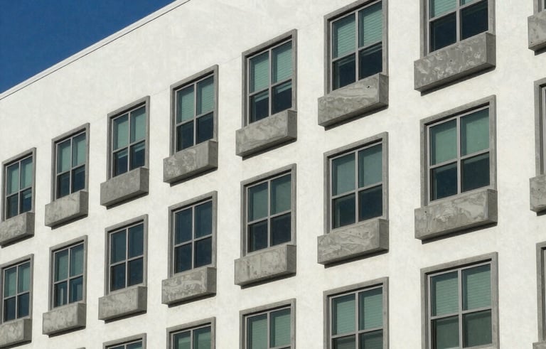 A side-view photograph of a multi-story apartment complex in Ormond Beach, Florida. Every window features consistent, solid slate-grey concrete sills. High-quality construction photography style under a clear blue sky.