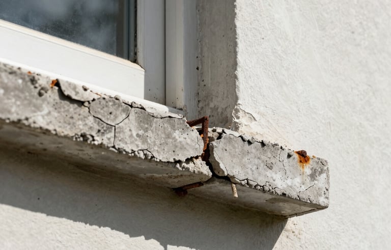 A professional photograph of a weathered concrete window sill on a North American / Florida home. The cement is splitting, showing rusted metal re-bar. Sharp focus on the texture of the cracked grey concrete against the off-white exterior wall. Bright daytime lighting.