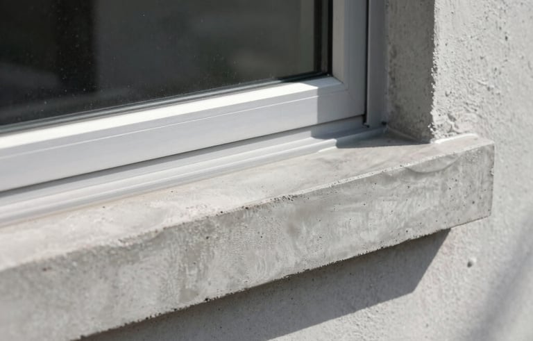 A crisp architectural photo of a newly installed concrete window sill on a residential building in Daytona Beach, Florida. The silver-grey cement is smooth and perfectly finished. Bright mid-day sun.