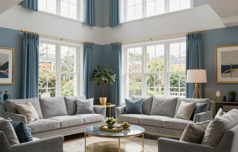 A beautifully renovated modern British living room with high ceilings, elegant furniture, and soft blue and gold decor. Large windows let in bright daylight. The scene conveys comfort, achievement, and home improvement success in a Northern European / British home.