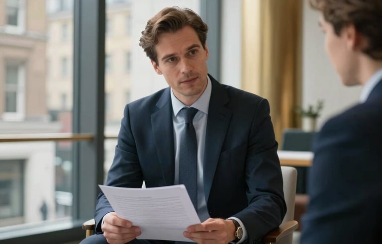 A professional financial advisor in a modern London office suite with floor-to-ceiling windows, dressed in a sharp business suit, reviewing documents with a client. The lighting is soft and natural, emphasizing a trustworthy and sophisticated atmosphere with deep navy and soft gold interior accents in a Northern European / British setting.