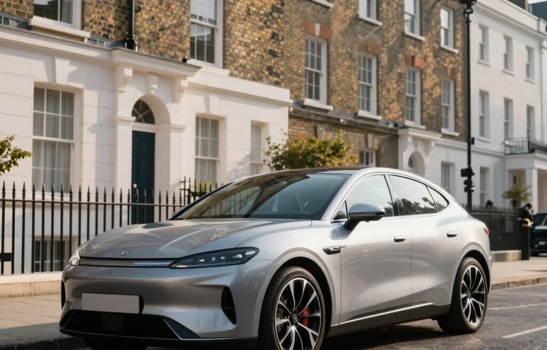 A sleek, modern silver car parked on a clean, upscale residential street in London. The architecture in the background is traditional British brickwork. The lighting is bright morning sun, creating a crisp and high-end feel in a Northern European / British setting.