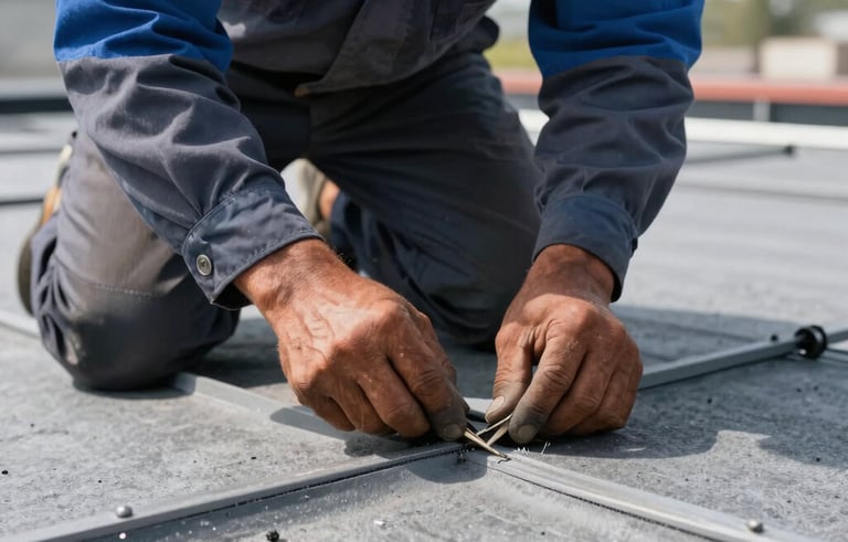 Close-up of a skilled worker in North American / US work clothes repairing a seam on a gray flat roof. The focus is on the precision and quality of the repair work, highlighting the blue and dark gray brand palette under clear daylight.