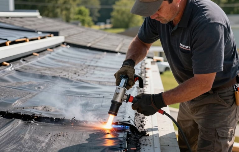 A professional roofing contractor in North American / US attire using a propane torch to install a modified bitumen flat roof membrane. The scene is bright and professional, showing the heat-welding process on a residential structure in Toms River, New Jersey.