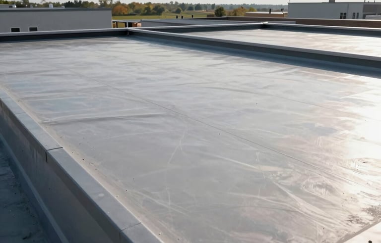 A wide-angle shot of a perfectly finished torchdown flat roof on a modern North American / US commercial building. The surface is clean and uniform, reflecting professional maintenance and quality craftsmanship under a bright sky.