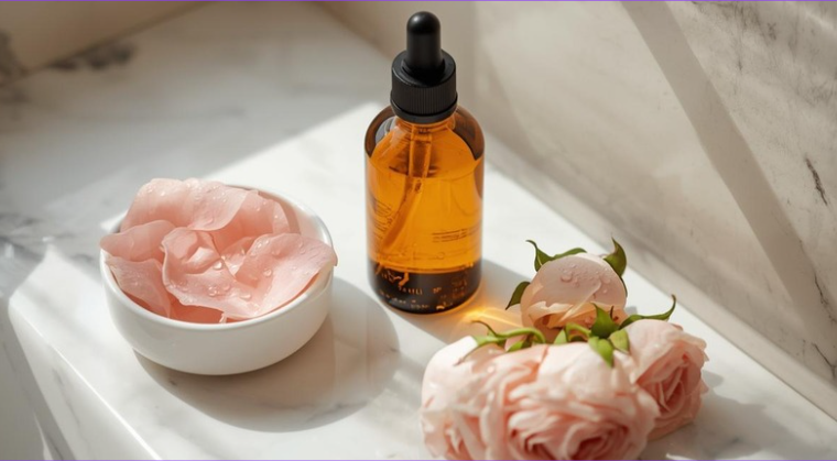 Sunlit bathroom vanity with an amber glass oil bottle and fresh pink roses.