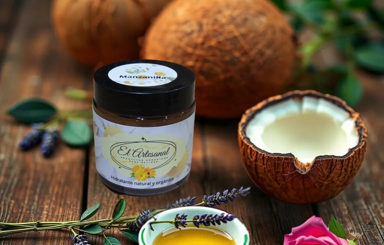 crema orgánico y natural El artesanal con taza de aceite y coco