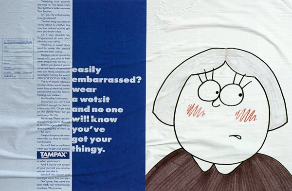 Advertentie voor tampons met met getekend meisje dat zich schaamt
