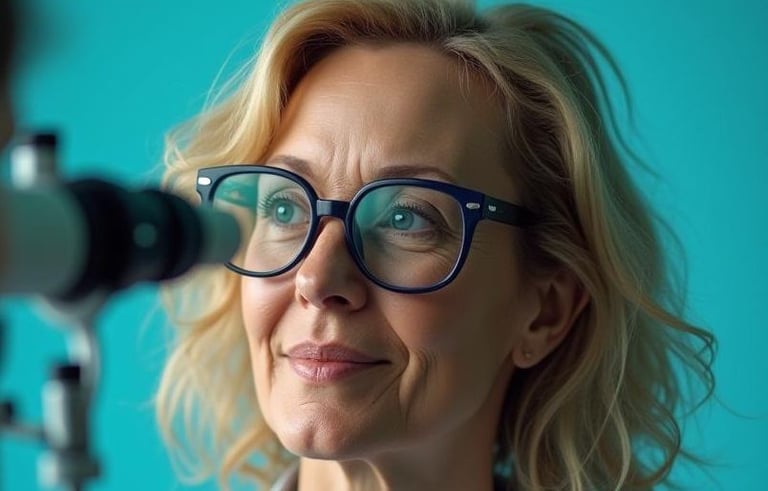 a woman in glasses and a white shirt is looking at the optometry equipment