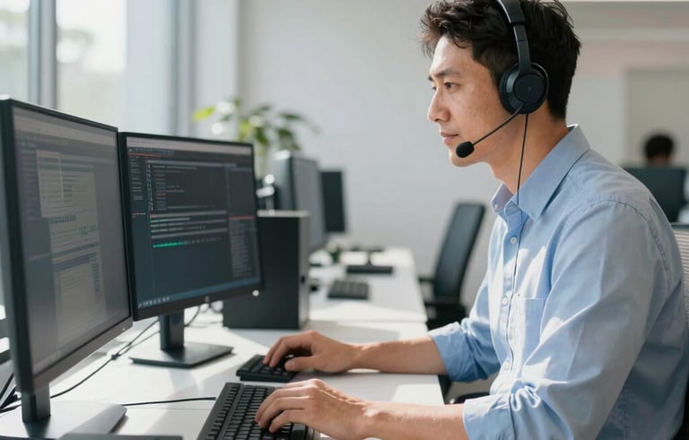 A professional IT support technician in a modern, sunlit Australian office environment, wearing business casual attire, working at a clean desk with multiple monitors and high-end peripherals. The lighting is bright and airy with a professional blue and white color palette.