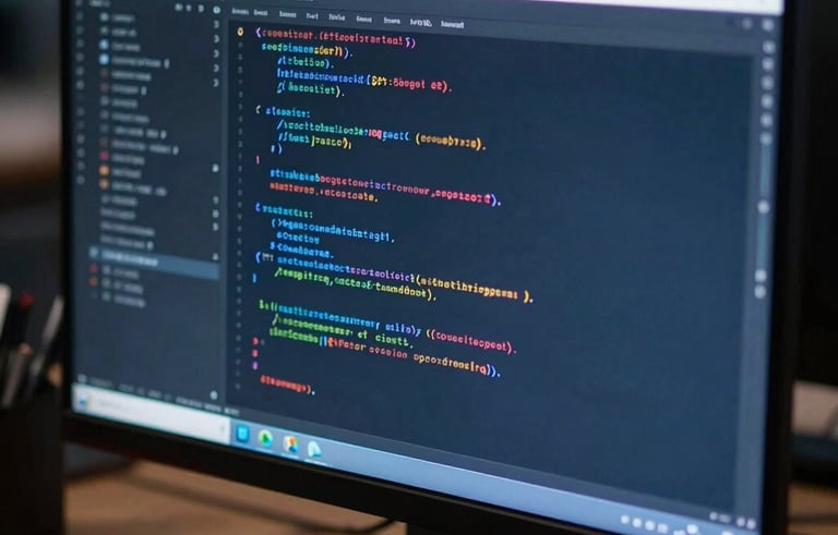 A close-up of a high-end workstation in a professional Sydney studio, showing clean software code and security protocols on a sleek monitor. The atmosphere is sophisticated with dark navy and bright blue accents, conveying precision.