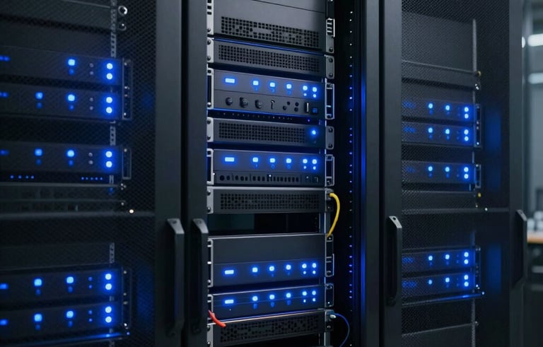 Sleek, modern server racks in a temperature-controlled data center with blue LED indicators glowing in the dark. The composition is clean and professional, focusing on high-technology and reliability in an Australian facility.