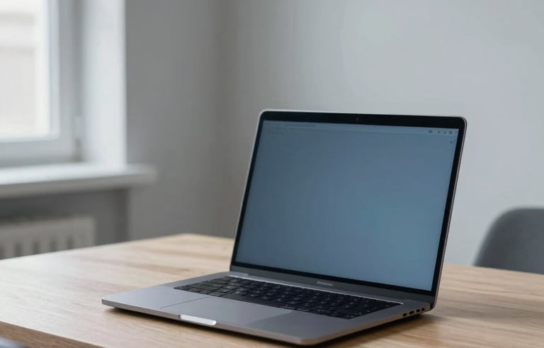 A clean, modern home office in Tallinn, Estonia, featuring a sleek laptop on a light wood desk. The lighting is soft and natural, with a hint of the Baltic winter light through the window. The color palette includes light grey and muted blue tones, reflecting a professional and reliable tech support atmosphere.