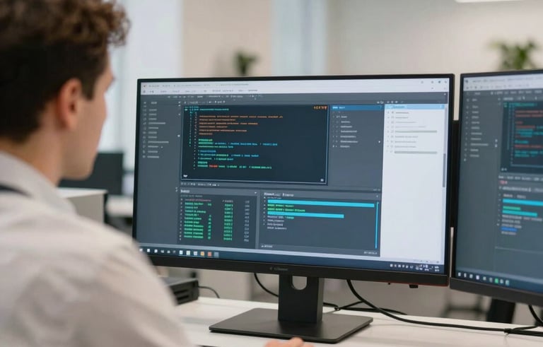 A professional technician in a modern, brightly lit office in Tallinn, focused on a high-resolution monitor showing secure data streams. The aesthetic is clean and efficient, utilizing off-white and muted blue colors to instill trust and professional confidence.
