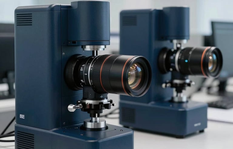 A professional workspace featuring high-end technical equipment, emphasizing security and precision. The style is clean and modern, with a palette of dark blue and light grey. The scene is set in a Northern European corporate environment, suggesting reliability and expertise.