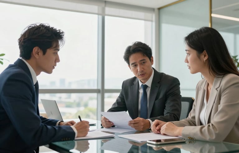 A high-end, modern business meeting in a bright South American office. A professional consultant and a residential manager are reviewing documents over a clean glass table. Natural light flows through large windows, with soft blue and gold accents in the room decor. Realistic photography style.