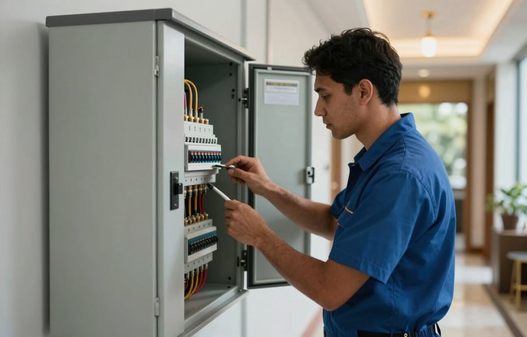 A professional maintenance technician inspecting a modern electrical panel in a clean, well-lit corridor of a premium South American residential building. The scene conveys reliability and technical expertise. Soft natural lighting with muted blue and gold interior details.