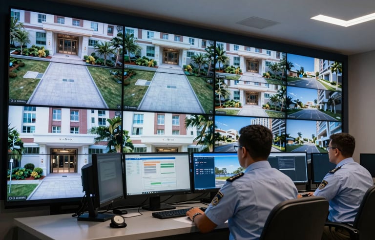 A sophisticated residential security control room in Brazil. Multiple screens show high-definition camera feeds of a luxury condominium entrance. A professional staff member in a neat uniform is monitoring the station. The lighting is focused and technical, with dark navy and light blue tones.