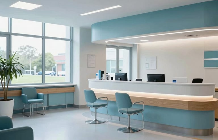 A wide-angle interior shot of a bright, modern UK hospital reception area. The lighting is soft and natural, coming from large windows. The colour palette includes soft blue and light grey tones. The scene is clean and professional, with a sense of calm efficiency.