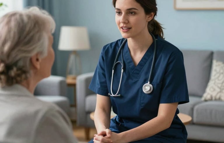A medium shot of a professional registered nurse in a navy blue uniform speaking compassionately with an elderly resident in a well-lit UK care home lounge. The atmosphere is warm and trustworthy. Muted blue and slate tones are visible in the background decor.