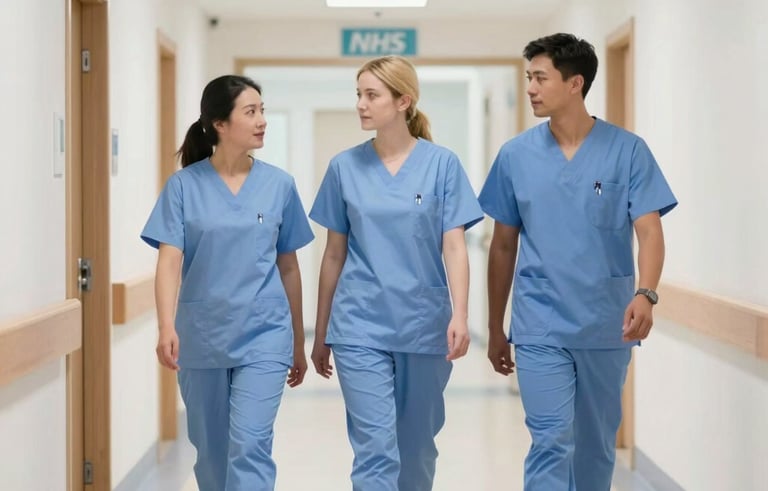 A professional, high-resolution photo of a clean, modern NHS hospital corridor in the UK. Healthcare professionals in light blue scrubs walk with focus. The lighting is bright and even, highlighting a sterile and organized environment.