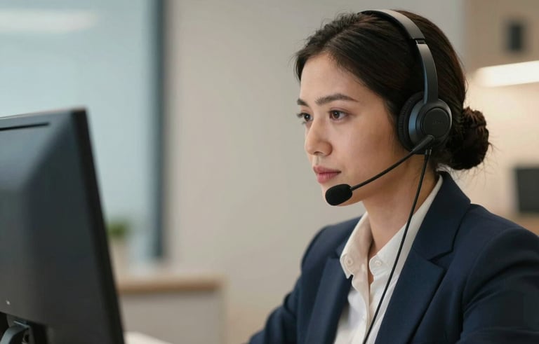 Close-up portrait of a professional customer service representative in a South American corporate setting. They are focused on a sleek monitor, wearing a high-quality headset. The lighting is professional and warm, with a blurred background of a clean, modern office in steel blue and off-white colors.