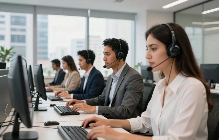 A modern, bright telemarketing office in a South American / Brazilian business district. Professional individuals wearing modern headsets are working at clean desks. The atmosphere is efficient and professional, with office decor featuring steel blue and off-white accents. Soft daylight coming through large windows.