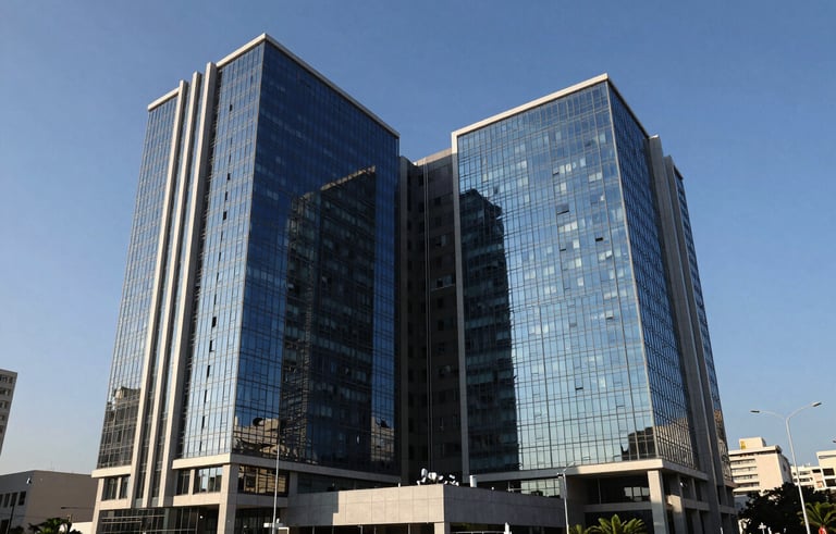 A high-angle, professional photograph of a modern Brazilian business complex. The architecture is contemporary with glass facades reflecting a clear blue sky. The scene conveys stability, innovation, and corporate expertise, using a palette of steel blue and navy tones.