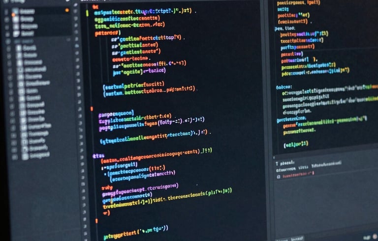 Close-up of a high-resolution computer screen displaying organized lines of computer code in a dark mode editor, reflecting professional software engineering. Global / International office setting.