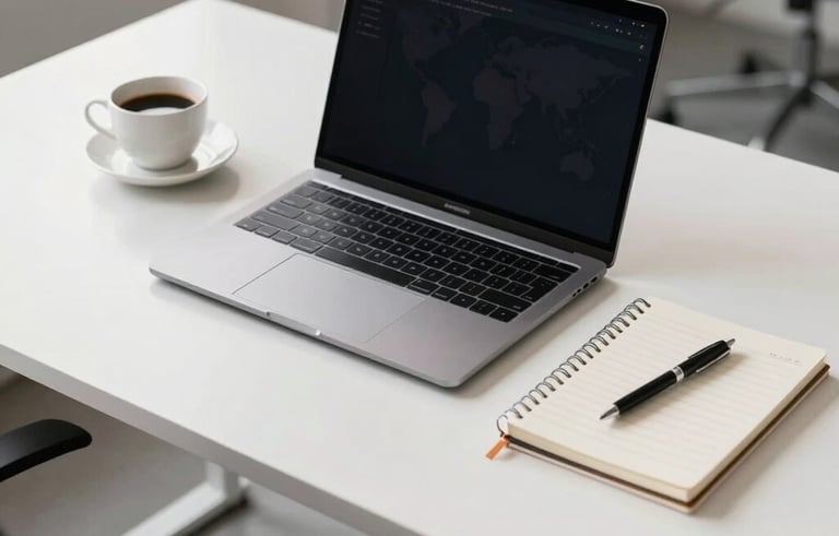 A clean, high-angle photography shot of a sleek, modern workstation with a high-end laptop, a cup of coffee, and a minimalist notebook on a white desk in a bright, professional office environment. Global / International setting with soft natural light.