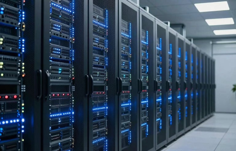 Professional photography of a high-tech data center hallway with rows of server racks glowing with soft blue lights, signifying security and managed IT services. Global / International facility.