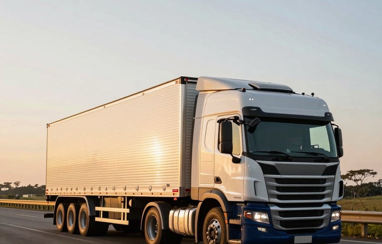 A large semi-trailer truck with a polished white and dark blue cabin traveling on a major highway bridge in Brazil at sunset. The lighting is golden and warm, highlighting the metallic surfaces. Commercial photography style, wide angle.