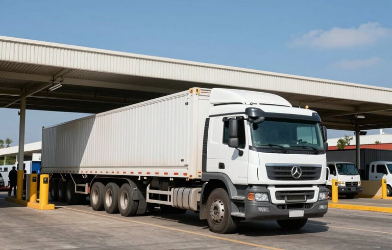A logistics scene at a South American international border crossing. A modern heavy-duty truck is parked near a customs building. Professional, reliable atmosphere with clear blue sky and organized cargo area.