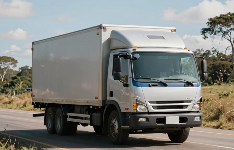 A medium-sized modern box truck driving on a well-maintained paved road through a South American landscape during a bright day. The truck is clean, silver and blue, representing efficiency. Professional photography with soft shadows and natural lighting.