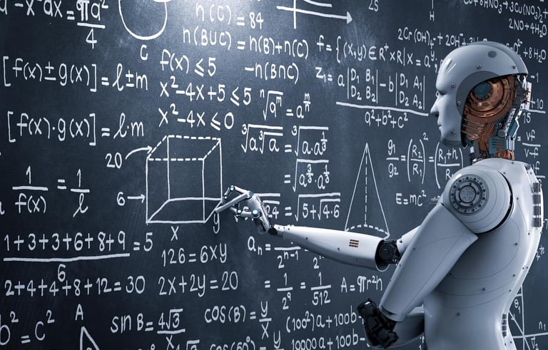a robot with a robot in front of a blackboard