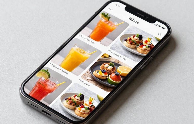 A smartphone resting on a clean light gray surface, displaying a vibrant and professional food photography feed. The screen shows high-quality images of fresh juices and artisan halal appetizers. Minimalist aesthetic, natural side-lighting.