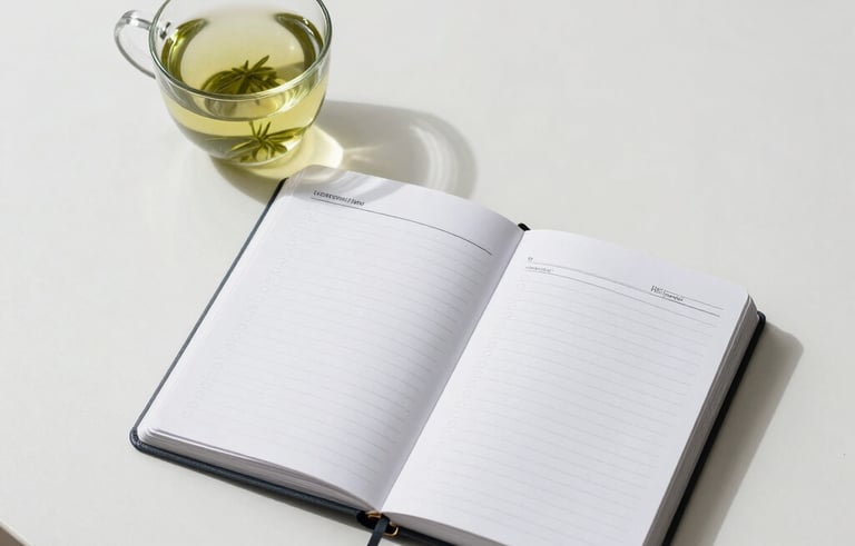 A top-down view of a professional workspace featuring a clean white desk, a premium green tea in a glass cup, and a sleek planner. Minimalist and organized, representing strategy and planning. Clean shadows.