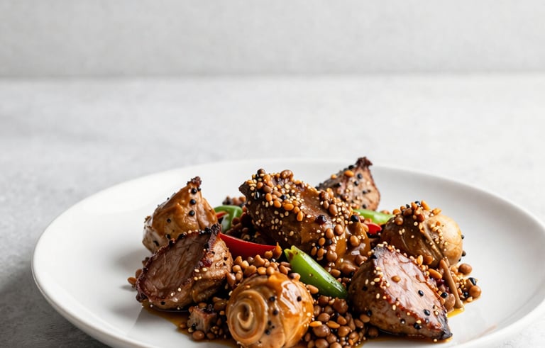 A premium, close-up shot of a gourmet halal dish on a minimalist white ceramic plate. The lighting is soft and natural, emphasizing textures and fresh ingredients. The background is a clean, light gray surface with plenty of white space. No people are visible.