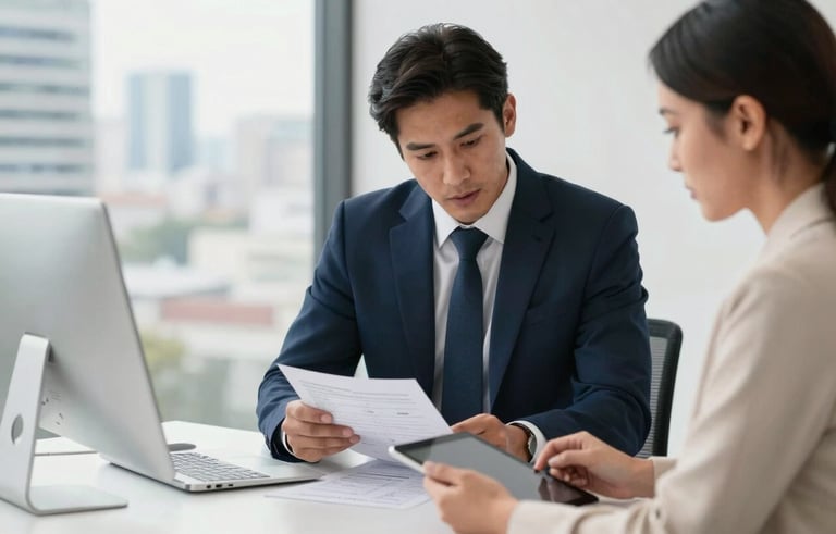 A high-end corporate office in a Latin American city. A professional consultant in a sharp suit is reviewing technical documentation with a client on a tablet. Bright, natural lighting, minimalist setting, navy blue and off-white accents.