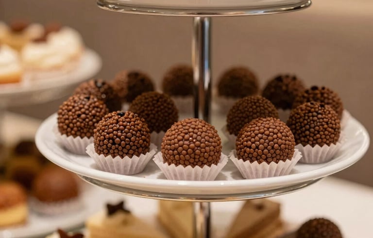 Close-up photography of a tiered dessert stand in a modern Brazilian cafe. It features delicate brigadeiros and slices of gourmet cake. Soft beige cream and light brown tones dominate the warm lighting.
