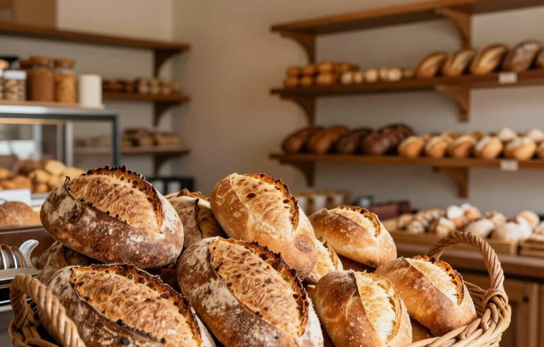 A wide-angle, brightly lit shot of a rustic South American bakery interior. In the foreground, a large wicker basket overflows with crusty sourdough bread and golden Brazilian pão francês. The lighting is warm and natural, casting soft shadows. The background features clean wooden shelves and beige cream walls.