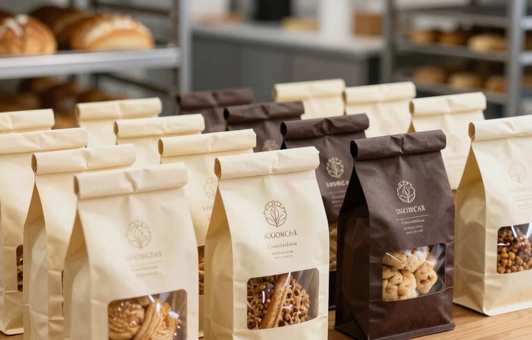 A professional and clean shot of packaged artisanal bakery products ready for distribution. The scene is set in a bright, modern South American facility. The packaging uses beige cream and dark brown colors, arranged neatly on a wooden table.