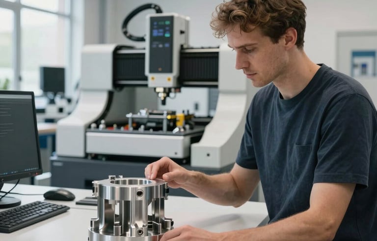 A modern European engineering office and workshop where a specialist is reviewing a metallic 3D prototype. The room is bright, clean, and filled with high-end CNC equipment in the background. Professional lighting highlighting the metallic sheen and the precision of the prototype.